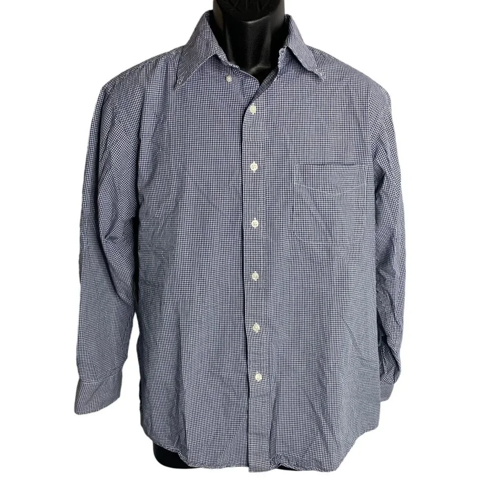 Club Room Gingham Button Down Shirt L Blue Long Sleeve Chest Pocket Collar